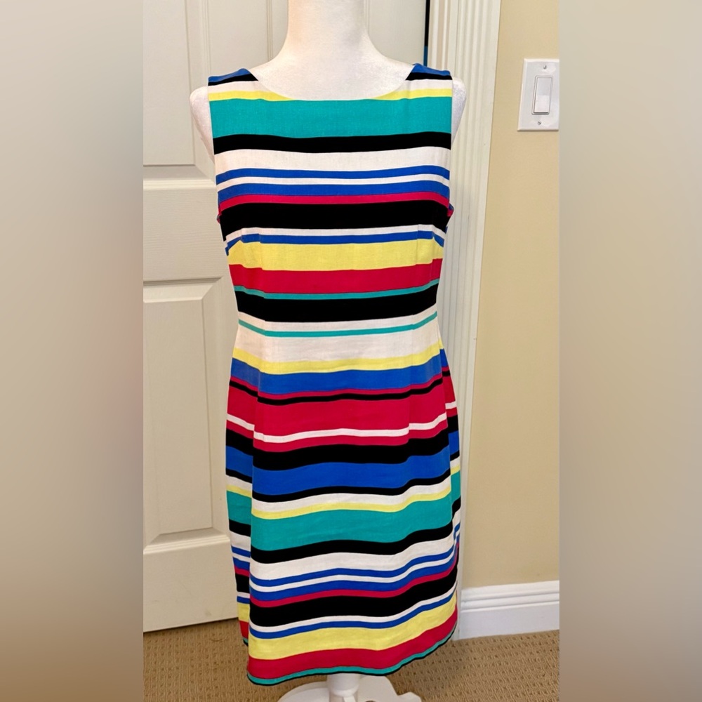 NWOT Tahari Designer dress, 8P, stripped linen / rayon
